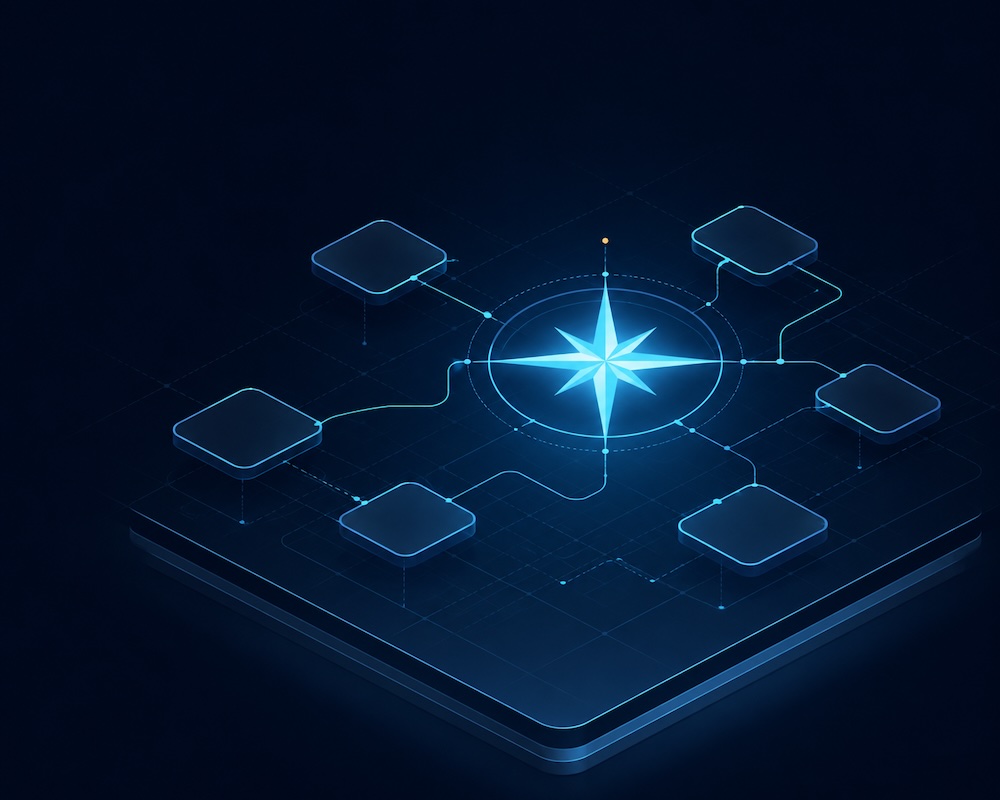 DevOps & SRE infrastructure advisory — abstract compass illustration