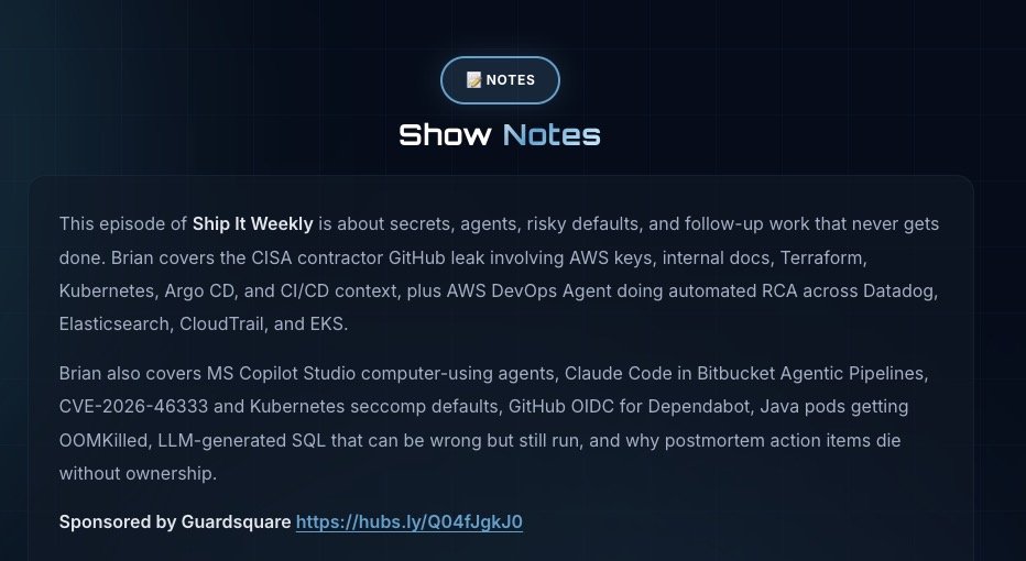In-show-notes sponsor mention on Ship It Weekly Episode 41 &mdash; a 'Sponsored by Guardsquare' line with a click-through hubs.ly URL appears at the top of the show-notes link list, before the topic-by-topic resource links